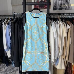 J. McLaughlin Sky Blue Gold Chain Print Sleeveless Sheath Dress